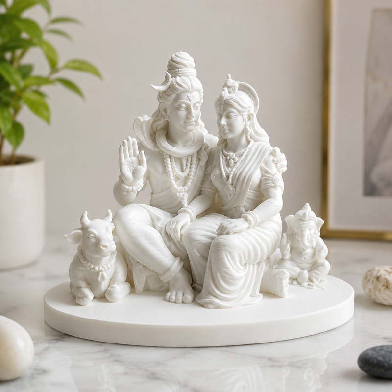 Lord Shiva & Parvati Family Idol with Nandi & Ganesha | 3D Printed Decorative Showpiece