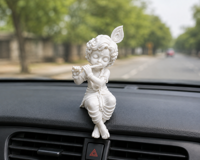 Adorable Kid Krishna Playing Flute Idol | 3D Printed Decorative Statue for Home, Desk & Car Dashboard