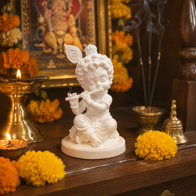 Adorable Baby Krishna Playing Flute Idol | 3D Printed Decorative Statue for Home, Puja & Car Dashboard