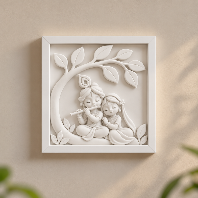 Radha Krishna 3D Printed Wall Frame | White Religious Home Decor